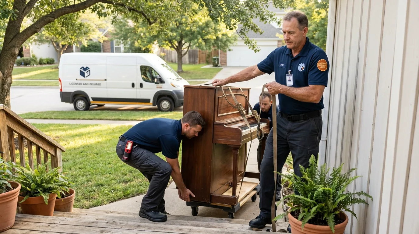 Licensed piano movers securing grand piano in London, KY