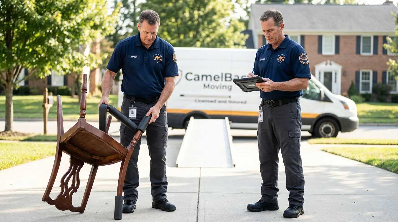 Movers inspecting furniture for damage prevention before loading in London, KY