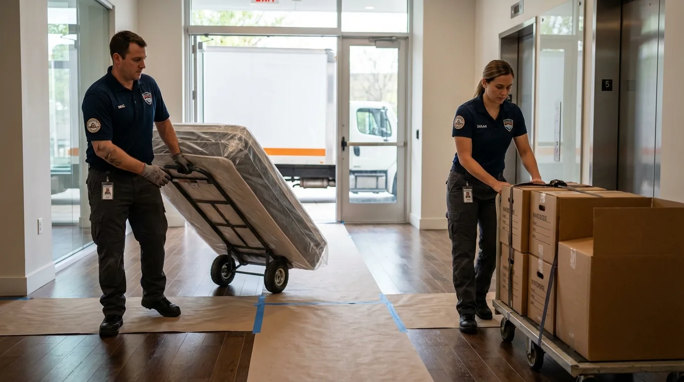 Professional apartment movers loading elevator in London, KY