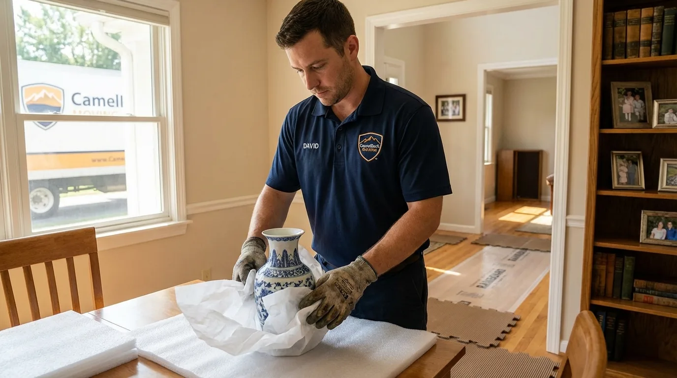 Professional crew carefully wrapping antique vase for senior downsizing move in London, KY